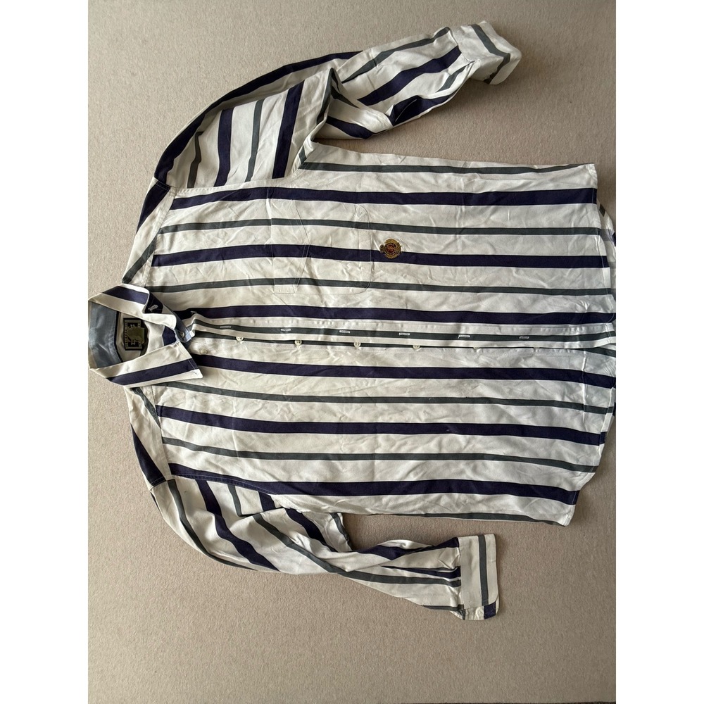 Vintage Hunting Horn Mens Striped Button Down Shirt Navy Grey White Long Sleeve